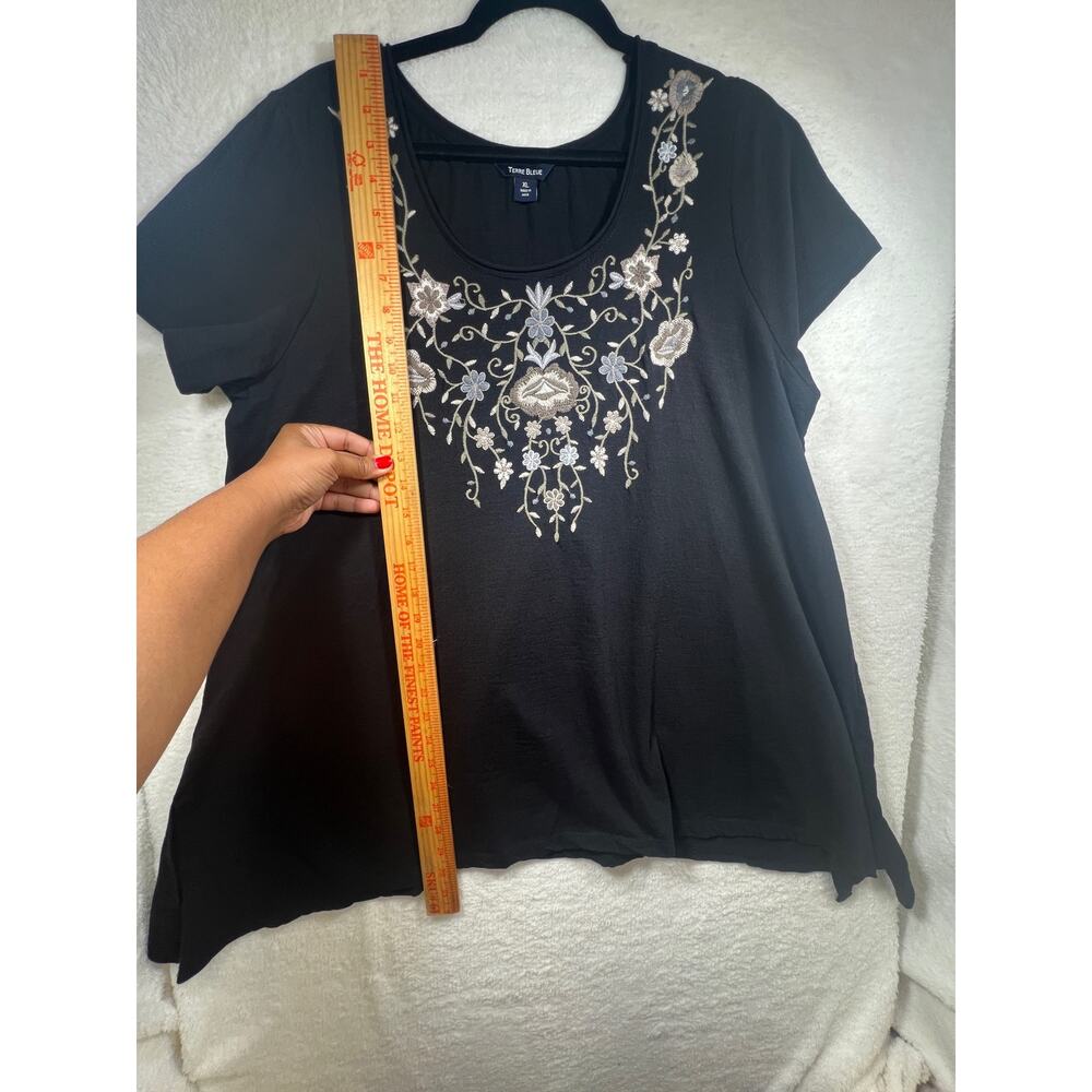 Terre Bleue Black Grey Floral Embroidery Boho Cotton Tunic Top Women XL * - Picture 7 of 9